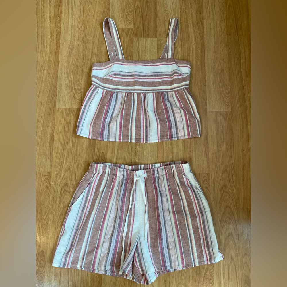 Lucky Brand Striped Linen-Blend Romper Set in Mauve, White and Brown